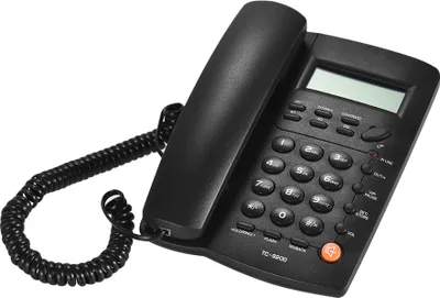 A black corded telephone with a coiled cord and an LCD screen is shown against a white background.