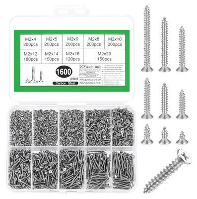 Produktbild von Schrauben Set M2 Selbstschneidend Senkkopf Kreuzschlitz Kohlenstoffstahl Silber 1600 Stück