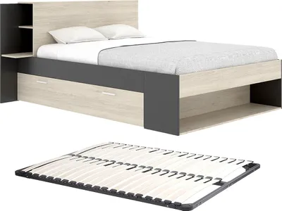 Produktbild von Bett 140 x 190 cm mit Kommode und - Natur und schwarz + Rahmen - KEROSIA
