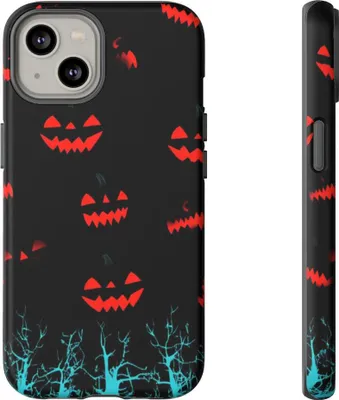Produktbild von Leuchtende Kürbisgesichter über blauen Bäumen – Hülle Kompatibel mit iPhone 14