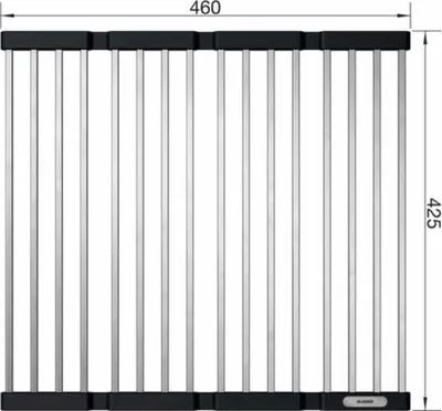 A top-down view of a stainless steel dish rack with black frame, with dimensions indicated.
