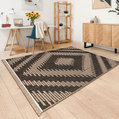 Produktbild von TT Home In-& Outdoor Teppich Wohnzimmer Wetterfest Terrasse Balkon Schlafzimmer Boho Stil Blattmotiv 3D Optik Fransen Größe 120x160 cm