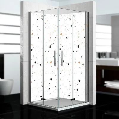 Produktbild von dedeco Eck-Duschrückwände Aluminium wasserfest Motiv: Stein V7, Nano-Protect seidenmatt, 2 x 90x200x0,3cm, Badrückwand, Fliesenersatz fugenlos Wandverkleidung Wandpaneele,  Germany