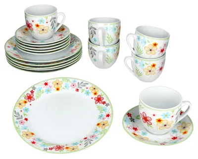 Produktbild von 18tlg Kaffeeservice Variant Blümchen Porzellan 6 Pers. Tasse Untertassen Teller