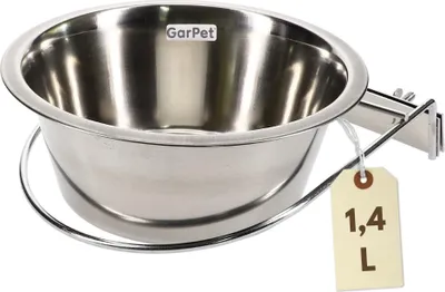 A stainless steel pet bowl with a hanging bracket and a tag indicating its volume.