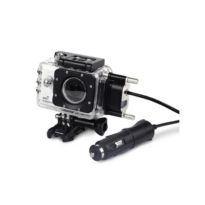 A waterproof case for a motorcycle camera with a car charger.