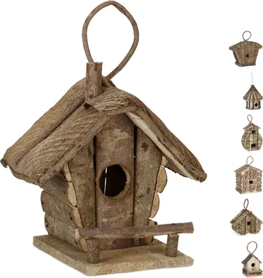 Zdjęcie produktu dla Relaxdays – wisząca budka dla ptaków, drewno surowe, na balkon, do ogrodu, budka lęgowa, wymiary: 28,5 x 20,5 x 17,5 cm, kolor naturalny