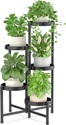 Produktbild von 5 Etagen Metall Pflanzenständer Blumentopfständer, Mehrstöckig Pflanzenregal Blumenregal Pflanzentreppen für Zimmerecke, Wohnzimmer, Balkon, Terrasse, Hof (Rund, Schwarz)