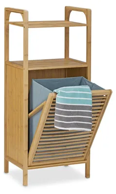 Image de Étagère de salle de bain en bambou - Avec panier à linge - 2 étagères - 95 x 40 x 30 cm - Naturel