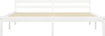 A white wooden bed frame with a slatted base, shown from the front.