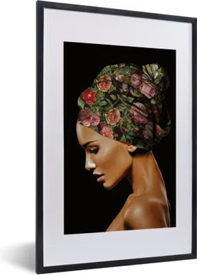 Produktbild von MuchoWow® MuchoWow® Gerahmtes Poster Frau - Kopftuch - Blumen 40x60 cm - Poster mit zchwarzem Bilderrahmen - Poster in Rahmen