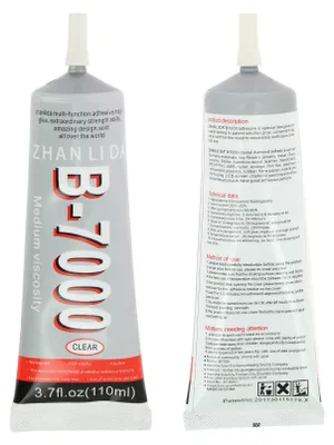 Two views of a tube of adhesive glue, one front and one back, showing product details and instructions.