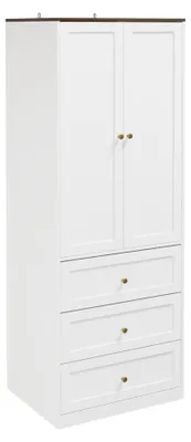 SoBuy KSB04-W Kleiderschrank mit 2 Türen und 3 Schubladen in Weiß, goldfarbene Griffe