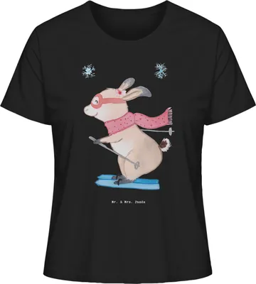 Produktbild von Mr. & Mrs. Panda Oberteil Damen Hase Skifahren Größe XL - Schwarz - Geschenk, Skirennen, Ski fahren, Skisport, Skiwettbewerb, Basic T-Shirt, Kurzarmshirt, Baumwollshirt