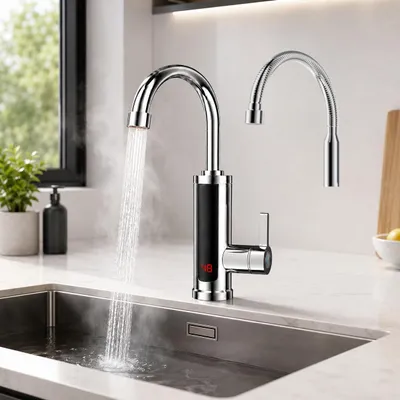 Produktbild von Elektrische Küchenarmatur mit Durchlauferhitzer, Smart Heater Wasserhahn 360° drehbar, silbern Wasserhahn Küche mit LED Temperaturanzeige