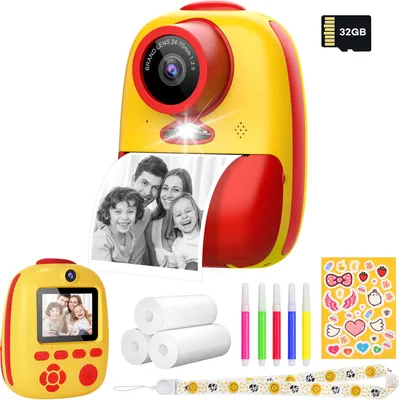 Obrázek produktu pro Dětský fotoaparát Digitální fotoaparát Tisk Okamžitý 26MP videokamera Fotoaparát s 32GB paměťovou kartou, 3 role tiskového papíru, 5 barev Štětcové pero Dárek pro děti, žlutý