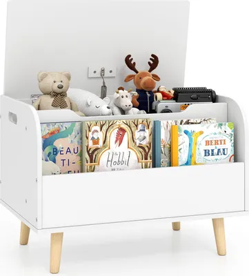 Image de Coffre à jouets en bois avec étagère avant et couvercle - Blanc