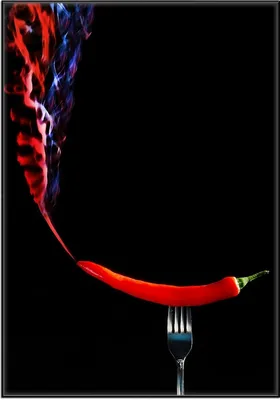 Produktbild von Wallario Wandbild Rauchende Chili-Schote an einer Gabel, Größe: 70,30 x 100,30 cm, Poster mit schwarzem Aluminiumrahmen