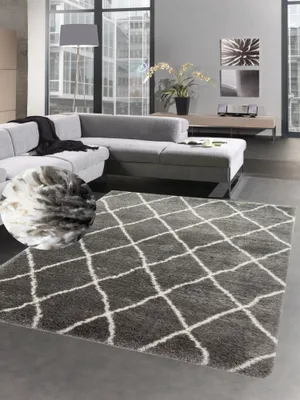 Image de Tapis Shaggy Flokati à poils longs losanges gris crème Taille - 160x230 cm