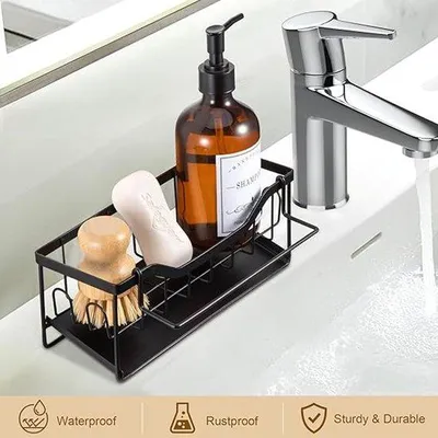 Productafbeelding van Famanu Spoelbak Organizer, zwart - Met afdruipgedeelte en afneembare handdoekhouder