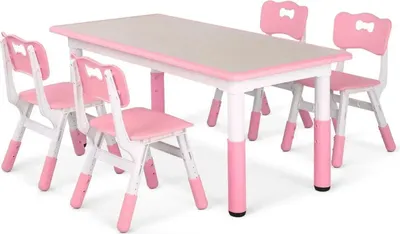 Image de Table pour enfants avec 4 chaises - Set de 5 pièces - Réglable en hauteur - 120x60 cm - Apprendre & Jouer - Plastique et bois - Rose