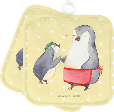 Produktbild von Mr. & Mrs. Panda Topfuntersetzer Pinguin mit Kind - Gelb Pastell - Geschenk, Kochlappen, Muttertag, Topflappen, 2er Set, Pinguine, Mutti, Mom, Vorbild Mama, topfhalter