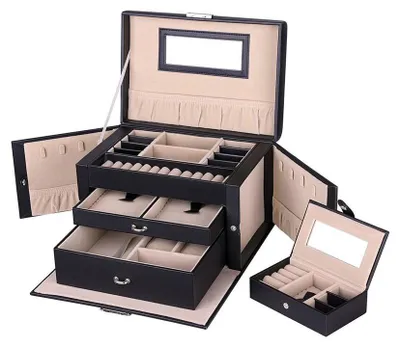 Produktbild von UNIQ XL Schmuckkoffer mit 20 Fächern Schwarz Leder