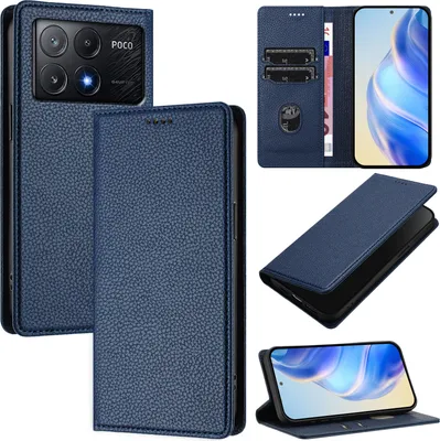Produktbild von Litchi Leder Handyhülle für Xiaomi Poco X6 Pro/Redmi K70E Wallet Kartenfächer Standfunktion Hülle Blau