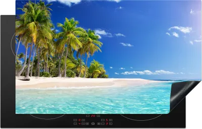 Produktbild von KitchenYeah© Herdabdeckplatte Strand - Meer - Palme , 83x51cm, Küche Deko, Glaskeramikkochfeld Herdabdeckung, Abdeckplatte fùr Kochfeld