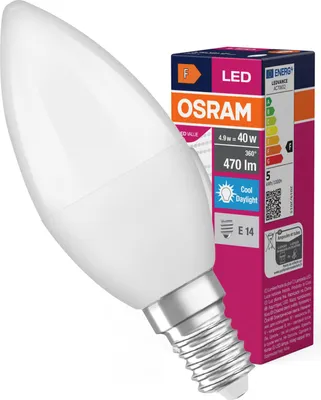 Zdjęcie produktu dla Żarówka LED B37 Świeczka E14 4.9W = 40W 470lm 6500K Zimna 180° VALUE CLASSIC Osram
