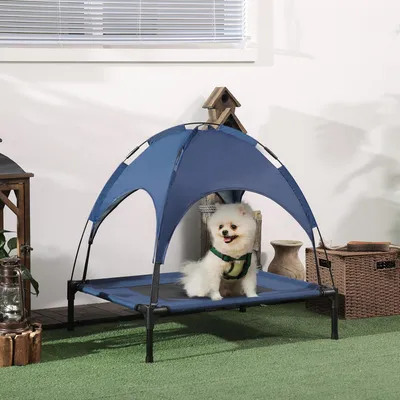 Produktbild von Hundebett Outdoor mit Baldachin, erhöht, Hundeliege klappbar, Oxford Netzstoff, Dunkelblau | 76x61x73 cm | 18 cm Standhöhe | Stahlrahmen