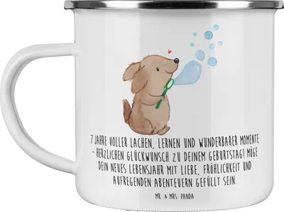 Produktbild von Mr. & Mrs. Panda becher emaille 7. Geburtstag - Weiß - Geschenk, Teetasse, Alter, Pott, Geburtstagsgeschenk, Geburtstagswünsche, Tasse, Fröhlichkeit, Haferl, Outdoor