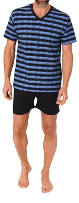 Produktbild von Normann Herren kurzarm Schlafanzug Shorty Pyjama in lässiger Streifenoptik und V-Hals ; marine , 50