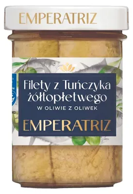 TUŃCZYK ŻÓŁTOPŁETWY FILETY MSC W OLIWIE Z OLIWEK 200 g (130 g) (SŁOIK) - EMPERATRIZ