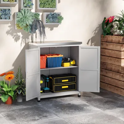 Zdjęcie produktu dla Szafka ogrodowa z blatem roboczym - domki ogrodowe z drewna | Kolor: Szary | Wymiary: 43x79x92 cm