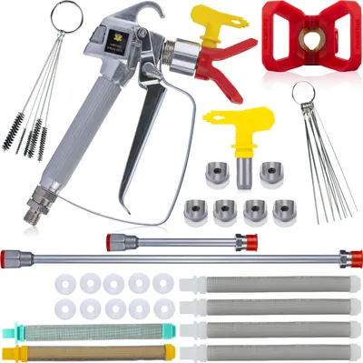 Produktbild von Rosfix Set Farbspritzpistole 517 – 2 Spritzlanzen 30/100 cm, 3 Filter 30/60/100 Mesh, Reinigungsbürsten, Dichtungen | 248 bar, 1/4" Anschluss