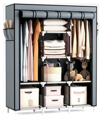 Produktbild von Großer Kleiderschrank aus Stoff mit 2 Kleiderstangen und 8 Ablagen, faltbar und tragbar für Schlafzimmer und Ankleidezimmer (Grau, 124 x 42 x 162 cm)