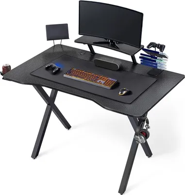 Produktbild von Yaheetech Computertisch Schreibtisch Ergonomischer PC Tisch Gaming Desk mit Kabelmanagementsystem Bechenhalter Kopfhörerhaken und Mausunterlage Schwarz