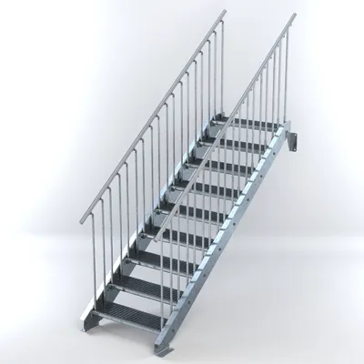 Produktbild von Stahltreppe 9 Stufen bis Höhe 180 cm, Laufbreite : 80 cm beidseitiges Geländer ST 1 (31 / 31 mm)