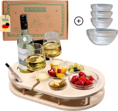 Produktbild von Couchbar Weinbar in Weiß mit 4 Glasschalen | Snackbox für Weingläser und Weinflasche | Sofabar für Snacks | Couch Tablett mit Getränkehalterung
