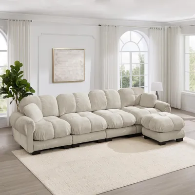 Imagen del producto de Sofá modular en forma de L para sala de estar, con capacidad para 4 personas, tapizado en chenilla, con otomana móvil y diseño acolchado (color beige claro)