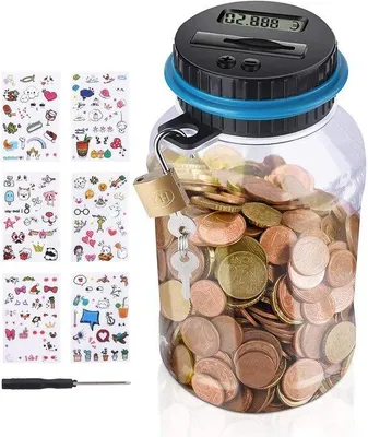 Obrázek produktu pro dětská pokladnička s počítadlem o objemu 1,8 litru - Průhledné počítadlo mincí s LCD displejem a automatickým zavíráním. 2. Roztomilé samolepky jsou součástí balení.