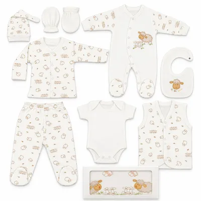 Produktbild von BLUE EYES Baby Geschenk Set 8-teilig, 100% Baumwolle, , Neugeborenen Erstausstattung 0–4 Monate, Lamm