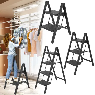 Productafbeelding van TANYEAR 2-traps stalen klapladder met antislip rubbermatten en bredere treden, belastbaar tot 250 kg, zwart, geschikt voor gebruik in huis, kantoor en garage