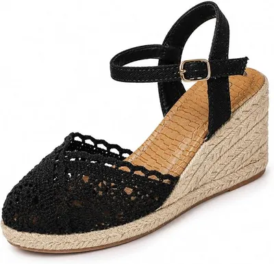 Produktbild von Damen-Sommersandalen mit Keilabsatz, Knöchelriemen, elegantem Keilabsatz, Obermaterial in Spitzenoptik, bequeme Schuhe für Urlaub und Freizeit