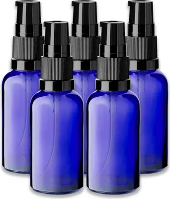 Produktbild von 5x Blaue Glasflasche 30 ml mit schwarzer Pumpe Dispenserpumpe 18 mm