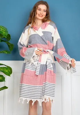 Produktbild von Hamam-Bademantel 100% Baumwolle  Strandbademantel L  Rot/Schwarz
