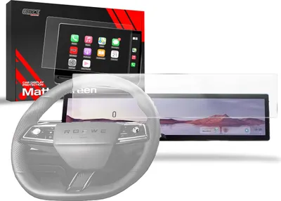 A matte screen protector is shown in front of a car's dashboard and steering wheel, with packaging in the background.