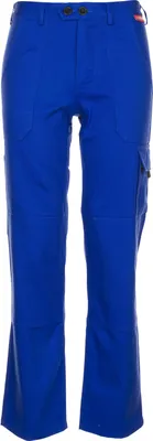 A pair of blue cargo pants shown from the front.