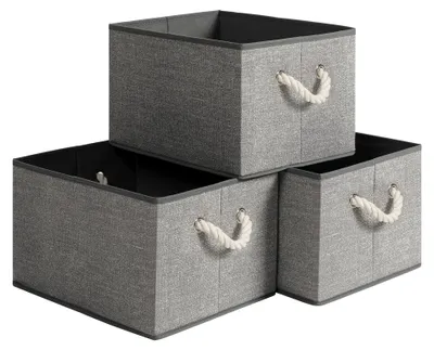 Image de Boîtes de rangement, lot de 3, boîtes en tissu sans couvercle, avec poignées, 40 x 30 x 25 cm, aspect lin